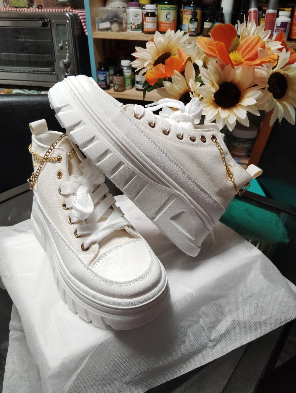 Platform High-Top Sneakers in Cream with Gold Chain Accent - Picture 6 of 8